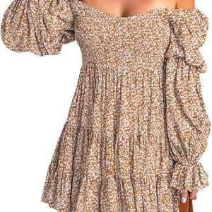 Dokotoo Womens 2024 Fall Dress Elegant Off The Shoulder V Neck Long Sleeve Ruffle Flowy Mini Short Skater Dresses