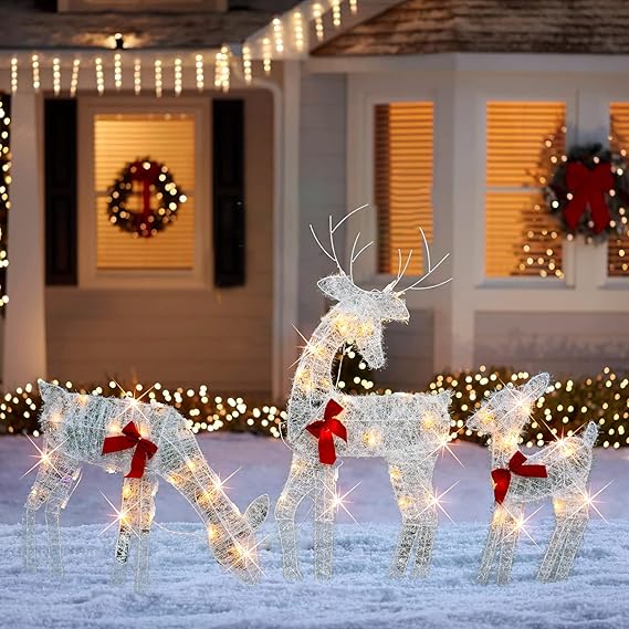 HOURLEEY Christmas Decoration Outdoor 60 Light Up Deer Family, 3-Piece Set 2D Waterproof Plug in Reindeer for Yard Patio Lawn Garden Party Decor HOURLEEY Christmas Decoration Outdoor 60 Light Up Deer Family, 3-Piece Set 2D Waterproof Plug in Reindeer for Yard Patio Lawn Garden Party Decor
