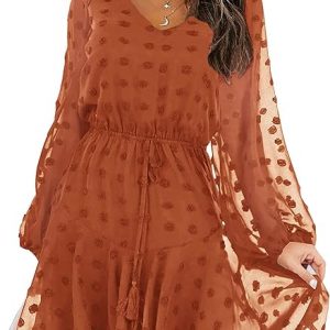 KIRUNDO Women's 2024 Spring Summer Long Sleeve V Neck Flowy Mini Dress