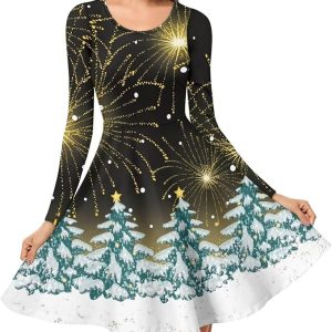 POLERO Mushroom Midi Dress for Women Mushrooms Dresses for Casual O-Neck Long Sleeve Dresses