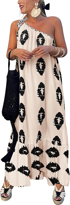 PRETTYGARDEN Women's Summer One Shoulder Spaghetti Strap Dresses Printed Flowy Boho Beach Maxi Long Sundress PRETTYGARDEN Women's Summer One Shoulder Spaghetti Strap Dresses Printed Flowy Boho Beach Maxi Long Sundress