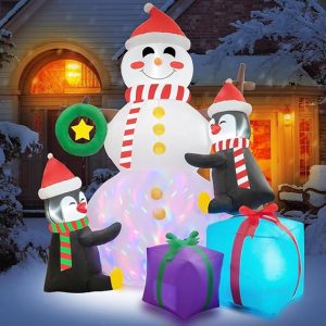 Rocinha Christmas Inflatable Snowman with Penguins Christmas Blow Up Yard Decorations with Colorful Rotating LED