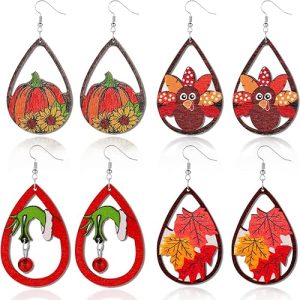 Thanksgiving Christmas Earrings for Women,4 Pairs Fall Pumpkin Turkey Grinch Wooden Painted