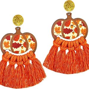 Thanksgiving Earrings for Women Boho Handmade Woven Rainbow Tassel Dangling Fall Earrings