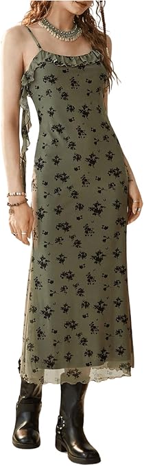 Verdusa Women's Vintage Floral Ruffle Mesh Sleeveless Fishtail Long Cami Dress Verdusa Women's Vintage Floral Ruffle Mesh Sleeveless Fishtail Long Cami Dress