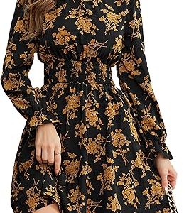 Women Long Sleeve Fall Wedding Guest Dress 2024 High Neck Flowy Smocked Dresses