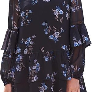 Women's 2024 Fall Flowy Tiered Babydoll Dress Casual Floral Printed Ruffle Long Sleeve Mini Dress
