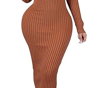 Women's Casual Off Shoulder Long Sleeves Slim Knit Bodycon Sweater Dress Midi Pencil Dress