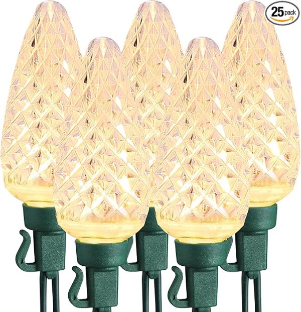 Celebrations 25-Count LED Warm White Faceted C9 String Lights – Indoor/Outdoor, Green Cord