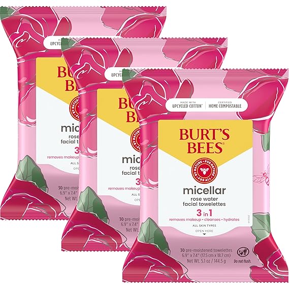 Burt's Bees Stocking Stuffers, Rose Water Face Wipes, for All Skin Types, Hydrating Micellar Makeup Remover