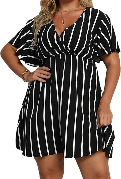 Floerns Women's Plus Size Striped Print Wrap V Neck Short Sleeve A Line Dress Floerns Women's Plus Size Striped Print Wrap V Neck Short Sleeve A Line Dress