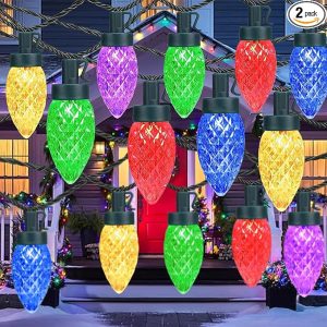 KAQ Outdoor C9 Multicolor Christmas Lights, 2PK 100 LED 98ft Extendable Plug in String Lights for Outside, Christmas Waterproof
