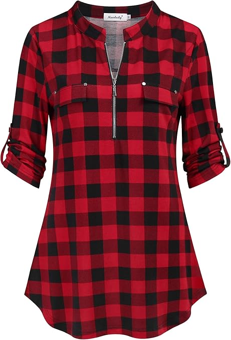 Ninedaily Women's 3'4 Sleeve Plaid Shirts Zip Floral Casual Tunic Blouse Tops Ninedaily Women's 3/4 Sleeve Plaid Shirts Zip Floral Casual Tunic Blouse Tops