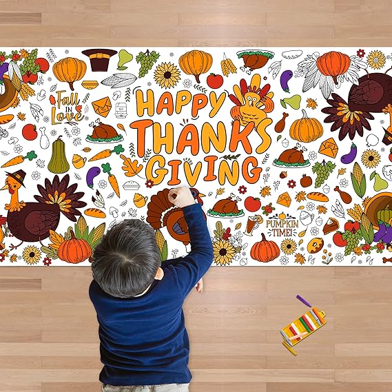 OHOME Thanksgiving Giant Coloring Poster/Tablecloth-Thanksgiving Crafts for Kids-30 x 72 Inches Jumbo Paper Coloring Banner