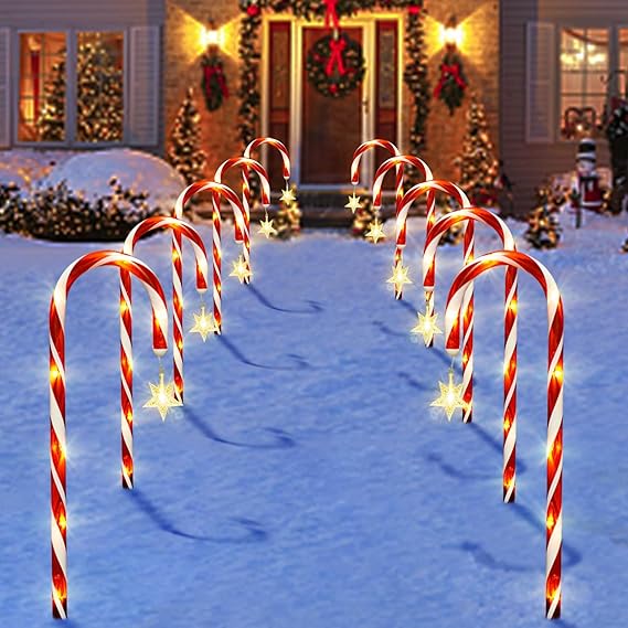 Outdoor Christmas Decorations, 10 Pcs Christmas Candy Cane Lights with Hanging Star Outdoor Christmas Decorations, 10 Pcs Christmas Candy Cane Lights with Hanging Star