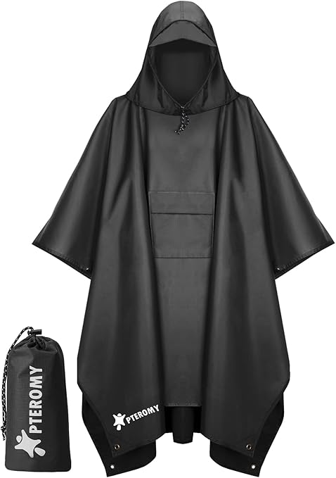 PTEROMY Hooded Rain Poncho for Adult with Pocket, Waterproof Lightweight Unisex Raincoat for Hiking Camping Emergency PTEROMY Hooded Rain Poncho for Adult with Pocket, Waterproof Lightweight Unisex Raincoat for Hiking Camping Emergency
