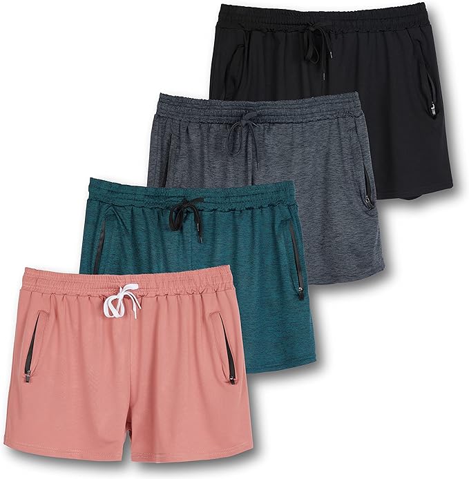 Real Essentials 4 Pack Womens Active Athletic Performance Dry-Fit Shorts with Zipper Pockets (Available in Plus Size) Real Essentials 4 Pack: Womens Active Athletic Performance Dry-Fit Shorts with Zipper Pockets (Available in Plus Size)