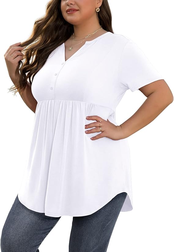 SHIJIALI Women's Plus Size Henley Shirts V Neck Button Tunic Tops Casual Short Sleeve Swing Flowy Tunic SHIJIALI Women's Plus Size Henley Shirts V Neck Button Tunic Tops Casual Short Sleeve Swing Flowy Tunic