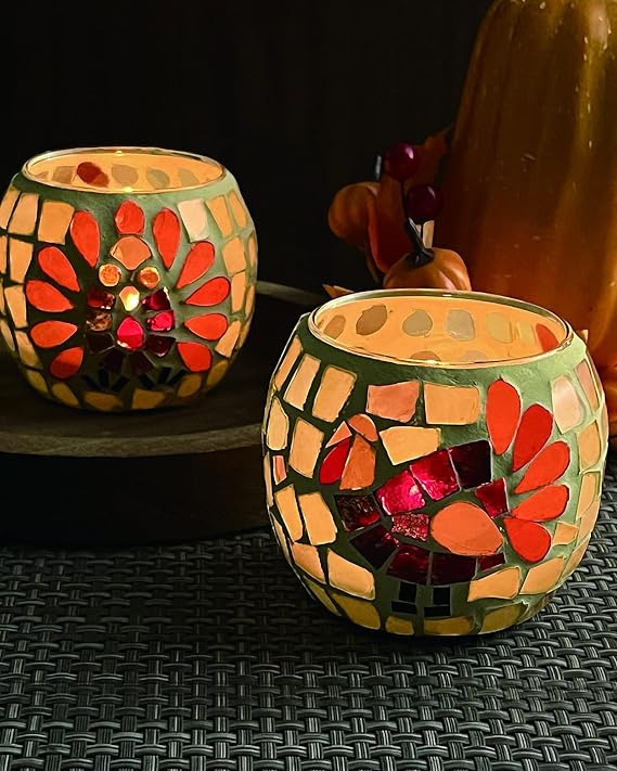 SHMILMH Thanksgiving Votive Candle Holder Set of 4, Mosaic Glass Tealight Holders SHMILMH Thanksgiving Votive Candle Holder Set of 4, Mosaic Glass Tealight Holders