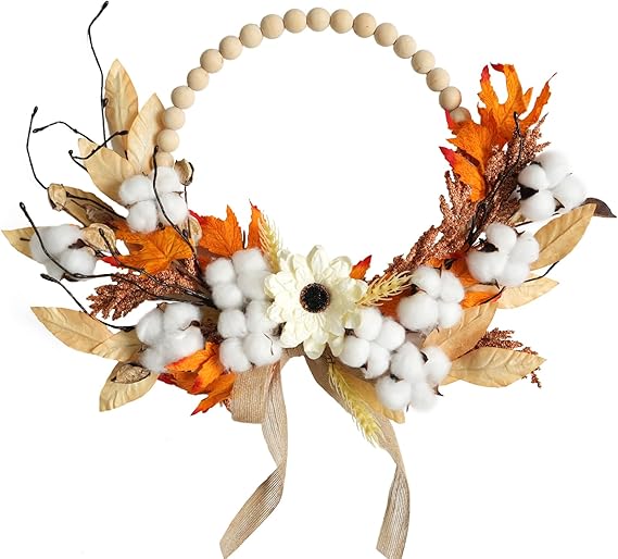 TEMPUS 16 Autumn Artificial Wood Bead Wreath Fall Maple Leaves Wreath Cotton Grain Harvest Half Circle Wreath TEMPUS 16" Autumn Artificial Wood Bead Wreath Fall Maple Leaves Wreath Cotton Grain Harvest Half Circle Wreath