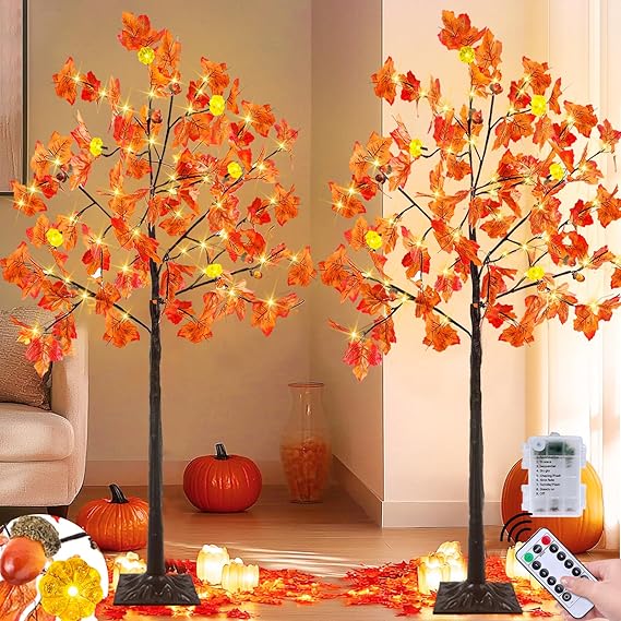 TURNMEON Albero Di Acero Luminoso 1,2 M – Decorazione Autunnale Con Zucche 3D, 48 LED Caldi, Telecomando E Timer