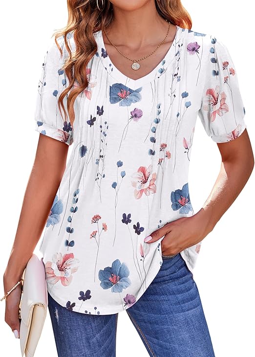 Zeagoo Women's Puff Short Sleeve Boho Shirts Casual V Neck Floral Solid Summer Blouse Pleated Casual Tunic Top Zeagoo Women's Puff Short Sleeve Boho Shirts Casual V Neck Floral Solid Summer Blouse Pleated Casual Tunic Top