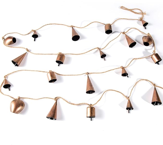 10 FT Christmas Bells Garland, Vintage Cow Bells Garland Gold Metal Bells with Jute Hanging Rope, Lucky Cowbell for Christmas Decoration,Perfect for Doors, Windows, Mantle, Wreaths, etc