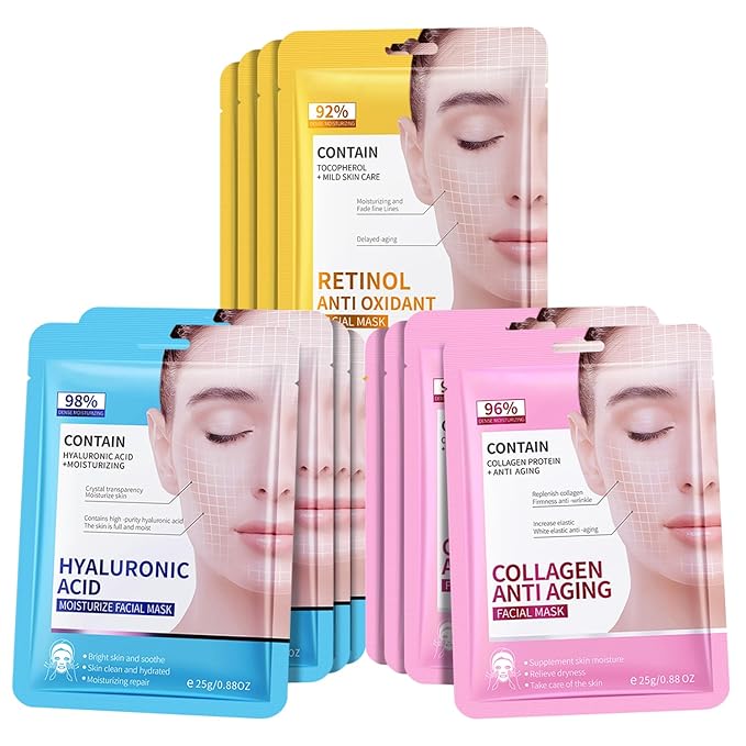 12 Pack Face Masks Skincare, Collagen Face Masks for Women, Retinol Facial Sheet Masks, Hyaluronic acid Hydrating Face Masks for All Skin Types 12 Pack Face Masks Skincare, Collagen Face Masks for Women, Retinol Facial Sheet Masks, Hyaluronic acid Hydrating Face Masks for All Skin Types