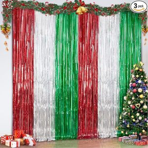 3 Pack Christmas Tinsel Foil Fringe Curtains, Red Silver Green Christmas Party Photo Backdrop Streamers Backdrop for Birthday Anniversary Party Christmas Party Decoration, New Year