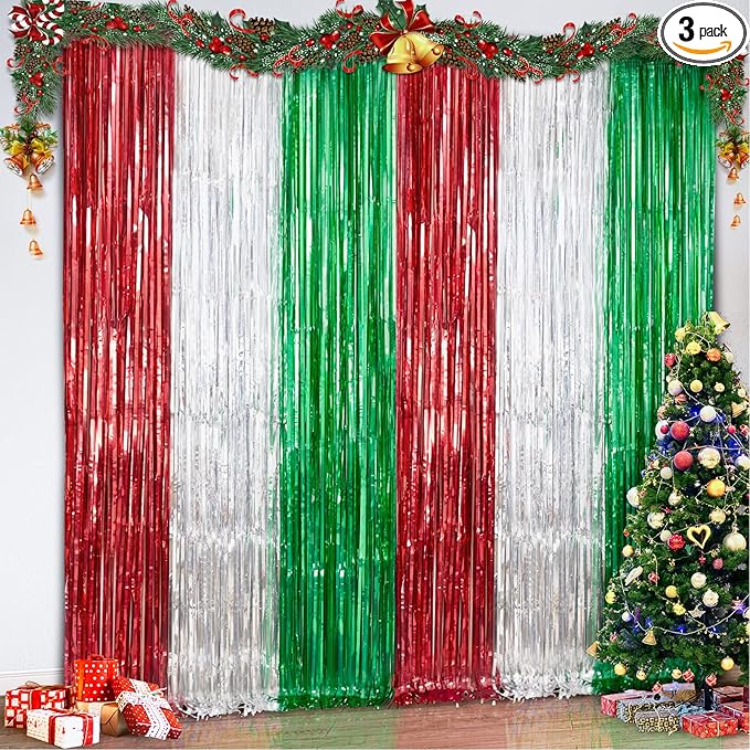 3 Pack Christmas Tinsel Foil Fringe Curtains, Red Silver Green Christmas Party Photo Backdrop Streamers Backdrop for Birthday Anniversary Party Christmas Party Decoration, New Year 3 Pack Christmas Tinsel Foil Fringe Curtains, Red Silver Green Christmas Party Photo Backdrop Streamers Backdrop for Birthday Anniversary Party Christmas Party Decoration, New Year