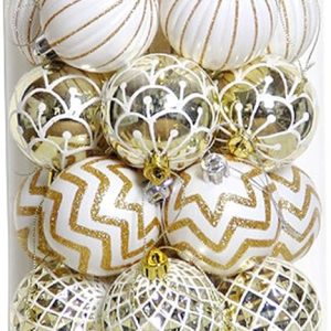 30PCS Christmas Balls Ornaments,60MM Gold&White Painted Shatterproof Festive Wedding Hanging Ornaments Christmas Tree Decoration
