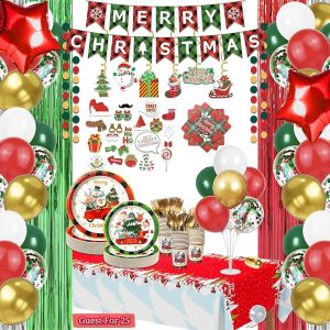 331 Pcs Christmas Decorations Indoor, Christmas Party Decor Supplies - "MERRY CHRISTMAS" Banner, Fringe Curtain, Swirls, Balloon, Photo Porps, Tableware with Christmas for 25 Guests