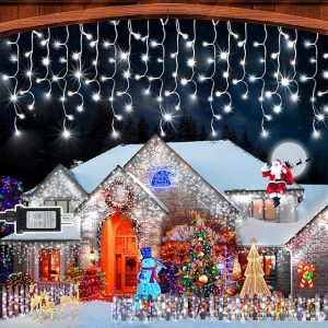 33FT 320 LED Christmas Lights Outdoor Decorations with 60 Drops Timer 8Mode Curtaing String Lights Waterproof Plug in Fairy Lights for Indoor