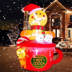 6 FT Christmas Inflatables Gingerbread Inflatable Christmas Outdoor Decorations Self Blow up Gingerbread Man in Hot Cocoa Mug with 6 LED Lights