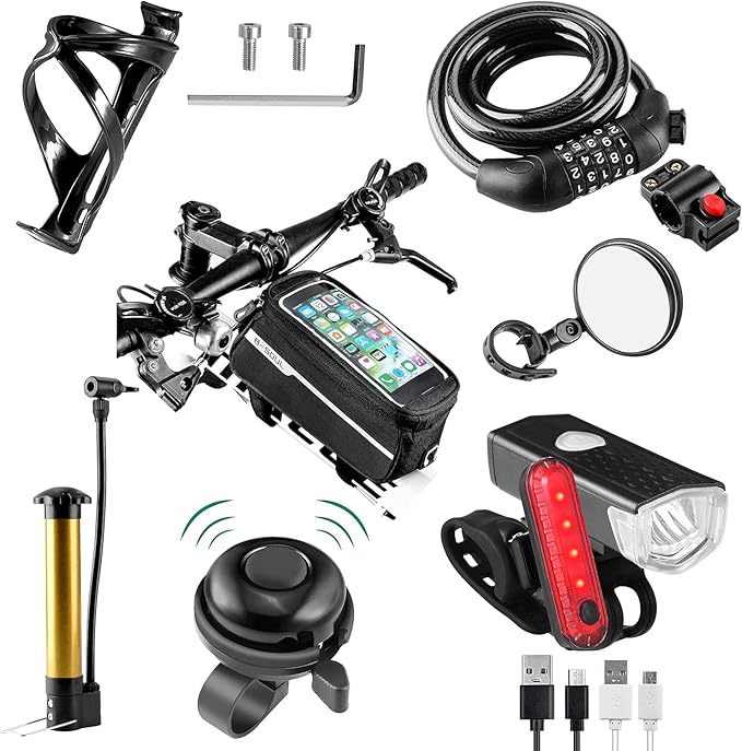 8 Pack Bicycle Accessories, Bike Light Set USB Rechargeable, 1 Bike Water Bottle Holder, Bike Bag and 1 Bike Aluminum Bicycle Bell,Pump 8 Pack Bicycle Accessories, Bike Light Set USB Rechargeable, 1 Bike Water Bottle Holder, Bike Bag and 1 Bike Aluminum Bicycle Bell,Pump