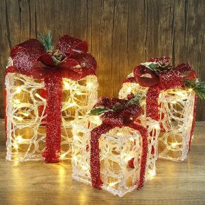 ATDAWN Set of 3 Lighted Gift Boxes Christmas Decorations, Clear Acrylic Pre-lit Present Boxes, Christmas Home Gift Box Decorations
