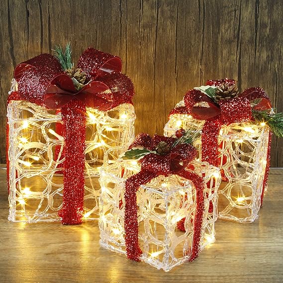 ATDAWN Set of 3 Lighted Gift Boxes Christmas Decorations, Clear Acrylic Pre-lit Present Boxes, Christmas Home Gift Box Decorations ATDAWN Set of 3 Lighted Gift Boxes Christmas Decorations, Clear Acrylic Pre-lit Present Boxes, Christmas Home Gift Box Decorations