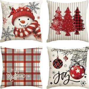 AVOIN colorlife Winter Snowman Joy Snowflake Christmas Red Throw Pillow Covers, 18 x 18 Inch Xmas Tree Winter Holiday Buffalo Plaid Cushion Case Decoration