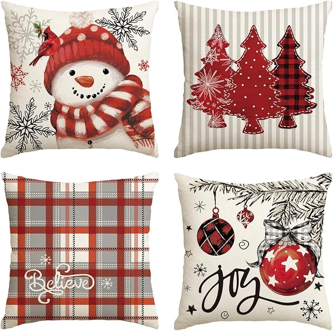 AVOIN colorlife Winter Snowman Joy Snowflake Christmas Red Throw Pillow Covers, 18 x 18 Inch Xmas Tree Winter Holiday Buffalo Plaid Cushion Case Decoration