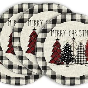 Artoid Mode Waterclor Buffalo Plaid Christmas Trees Merry Xmas Round Placemats Set of 4, 15 Inch Seasonal Winter Round Table Mats for Dining Decoration