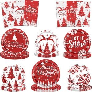 Christmas Paper Plates and Napkins,Christmas Tableware 62pcs Disposable Red and White Christmas Plates and Napkins for Winter Christmas Holiday Decoration