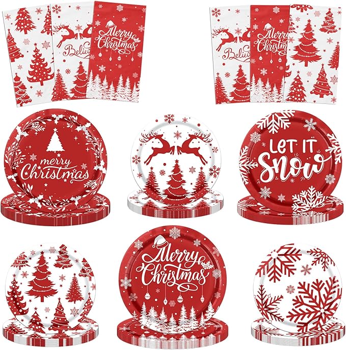 Christmas Paper Plates and Napkins,Christmas Tableware 62pcs Disposable Red and White Christmas Plates and Napkins for Winter Christmas Holiday Decoration Christmas Paper Plates and Napkins,Christmas Tableware 62pcs Disposable Red and White Christmas Plates and Napkins for Winter Christmas Holiday Decoration