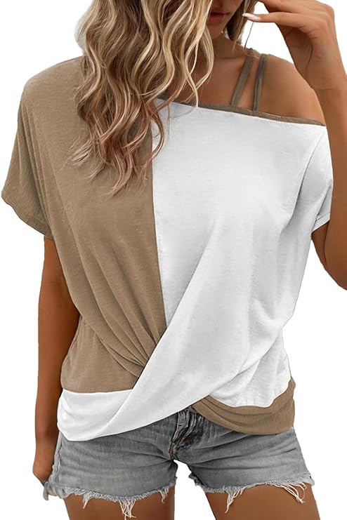 Dokotoo T Shirts for Women Twist Knot Color Block Loose Fit Cold Shoulder Tops for Women Fashion 2025