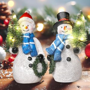 Duo 5'' Resin Snowman Figurines with Lighted Christmas Tree Wreath - Christmas Decorations Indoor Snowman Decor Ornaments Centerpiece - Winter Holiday