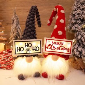 Etistta Gnome Christmas Decorations with Led Light, 17 inch Swedish Tomte Gnomes Merry Christmas HOHOHO, Santa Gnomes Plush, Set of 2