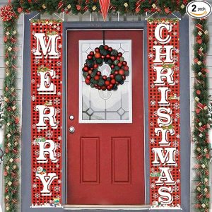 FECEDY Merry Christmas Hanging Banner Porch Sign with Pattern Christmas Tree Presents Snow Banner for Home Yard Indoor Outdoor Wall Door Christmas Party Decorations