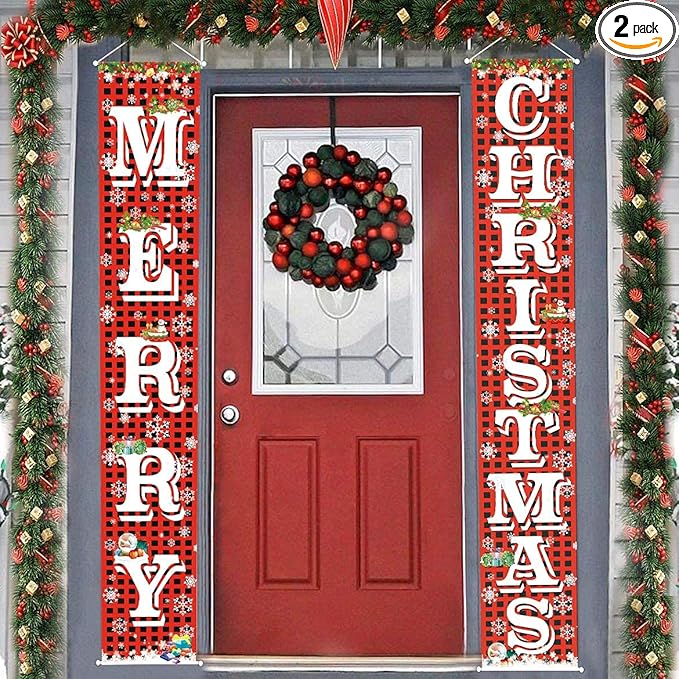 FECEDY Merry Christmas Hanging Banner Porch Sign with Pattern Christmas Tree Presents Snow Banner for Home Yard Indoor Outdoor Wall Door Christmas Party Decorations