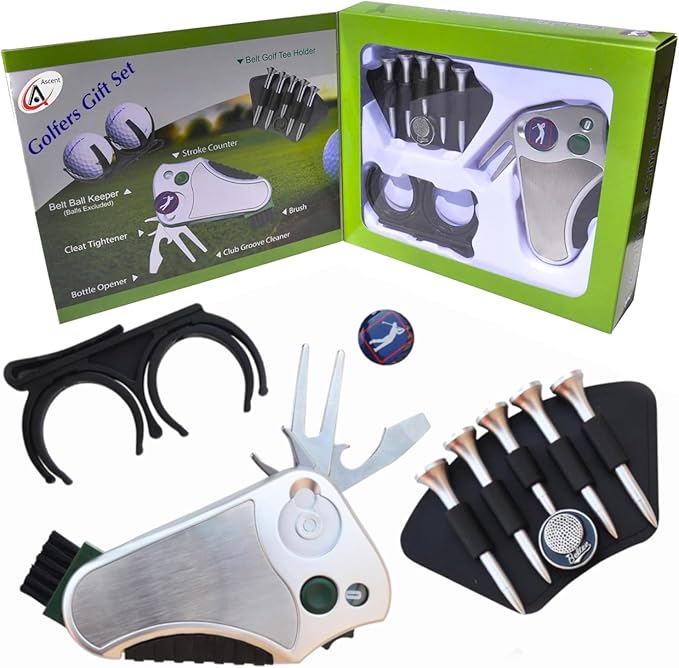 Golfer's Best Golf Gift Set Tool - Stroke Counter, Divot Tool Repair, Brush, Ball Marker, Cleat Tightener Golfer's Best Golf Gift Set: Tool - Stroke Counter, Divot Tool Repair, Brush, Ball Marker, Cleat Tightener