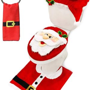 JOYIN 5 Pieces Christmas Theme Bathroom Decoration Set w/Toilet Seat Cover, Rugs, Tank Cover, Toilet Paper Box Cover and Santa Towel for Xmas Indoor Décor, Party Favors (Santa)