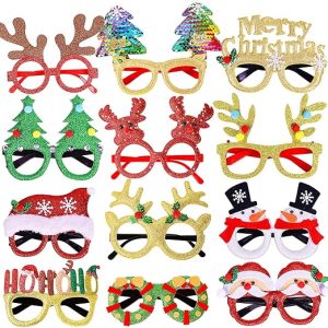Max Fun 12Pcs Christmas Glasses Glitter Holiday Party Glasses Frames Christmas Decoration Accessories Costume Eyeglasses for Christmas Parties Holiday Favors